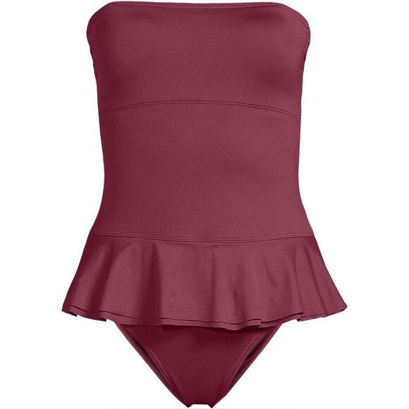 Land's End Bandeau ruffle skirted high leg one piece swimsuit burgundy spritz 8 - Picture 1 of 7